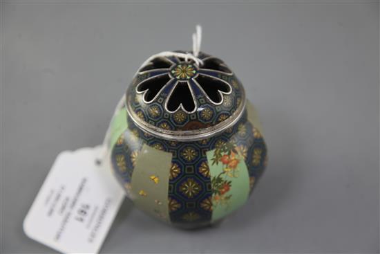 A fine Japanese silver and cloisonné enamel koro and cover by Namikawa Yasuyuki (1845-1927), Meiji period, slight damage, 8.5cm high